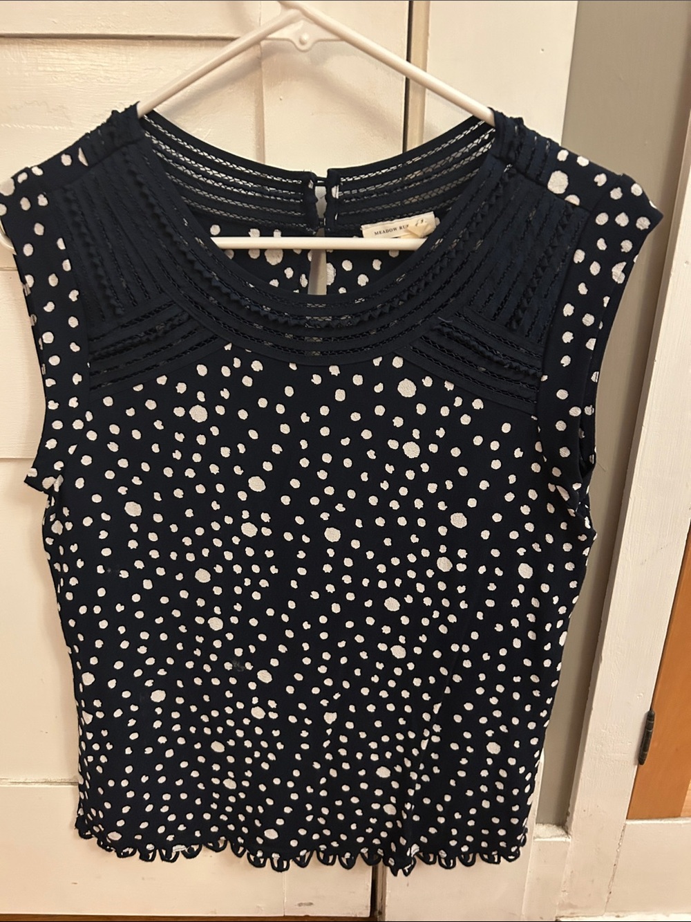 Anthropologie Meadow Rue Navy Polka Dot Sleeveless Top with Lace Yoke